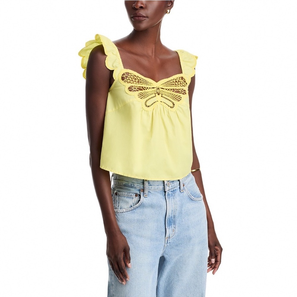 MOTHER The Wing It Tank Top Yellow Butterfly‎ Ruffle Smocked Cotton Large NEW